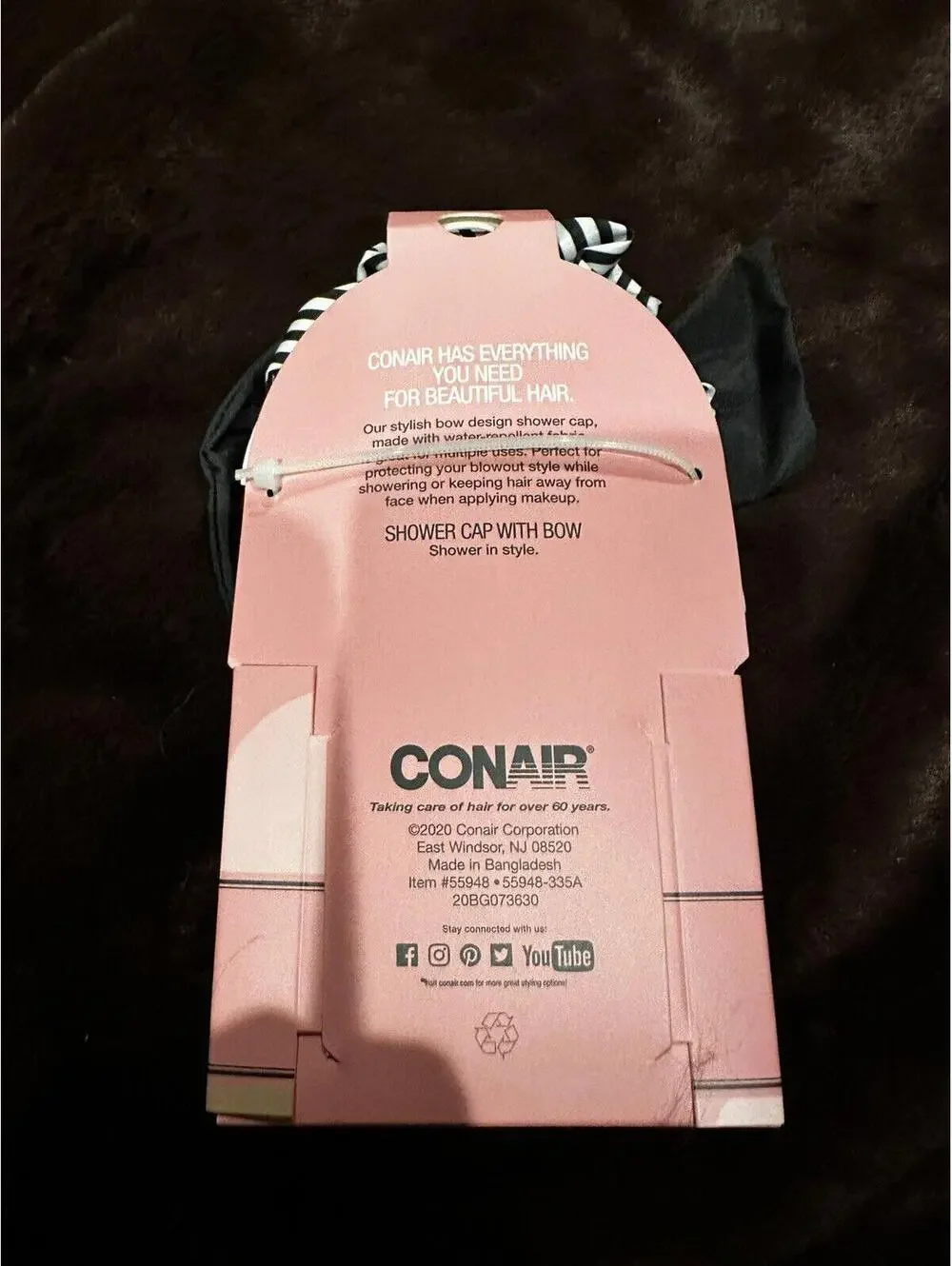 Conair Comfy & Dry Full Size Bow Shower Cap Black White Stripe #55948